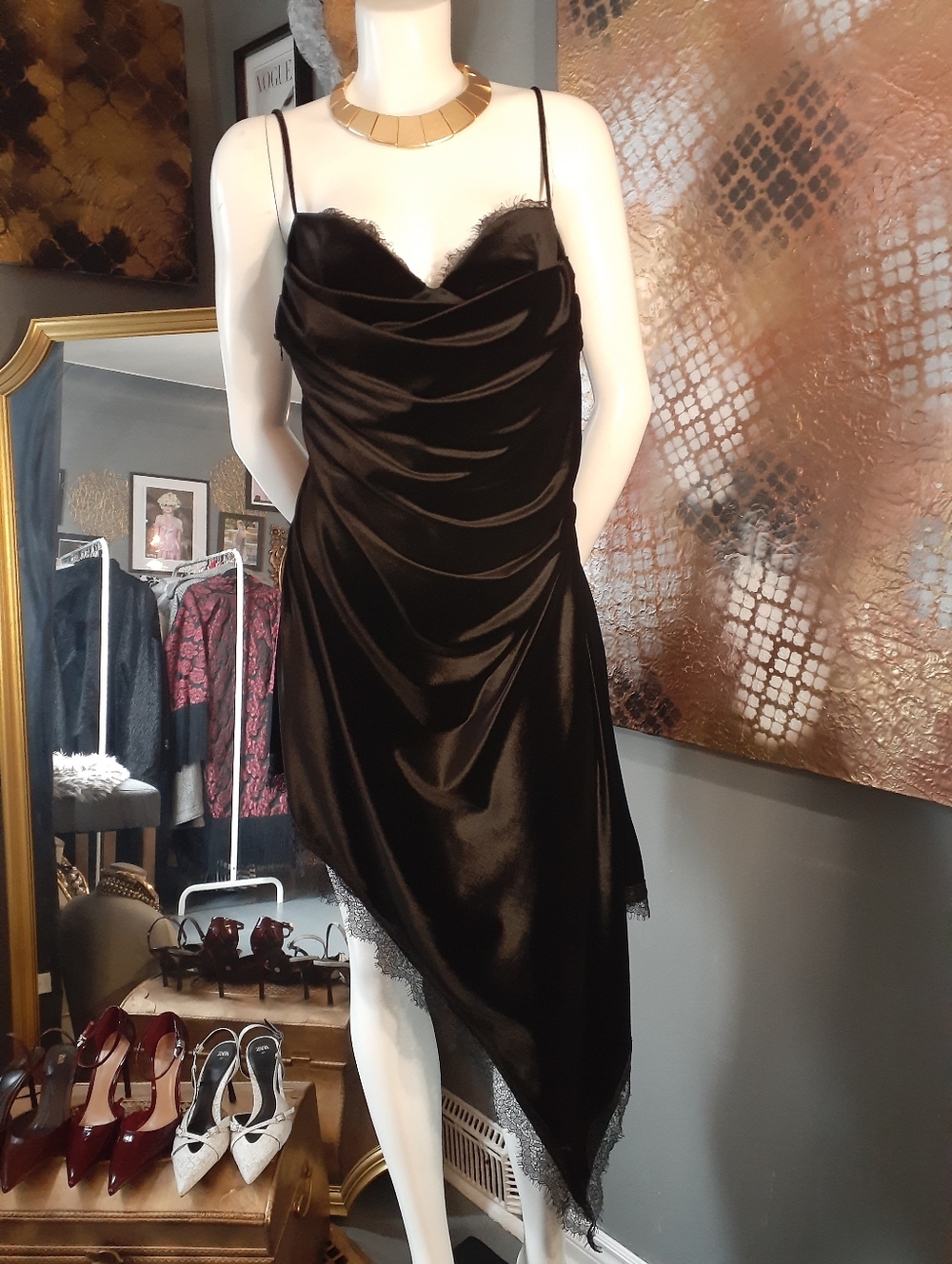 Zara Nwt Black Velvet Asymmetric Slip Dress with Lace Trim